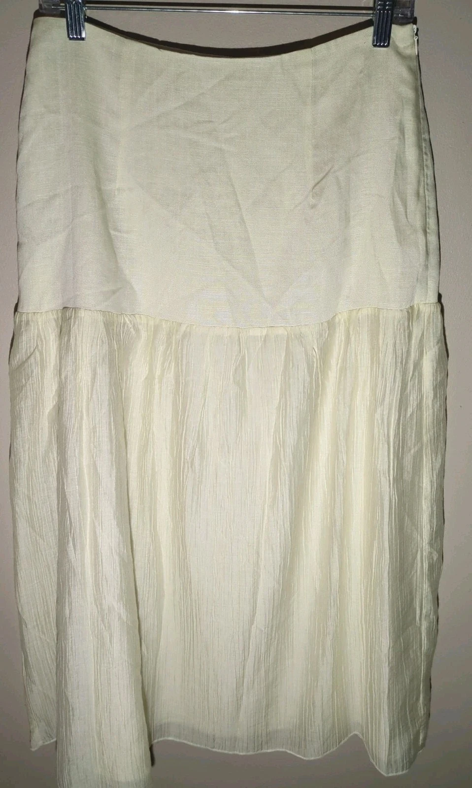 Commense Pleated Linen Tencel Textured Stripe Crinkle Maxi Skirt M Pale Yellow