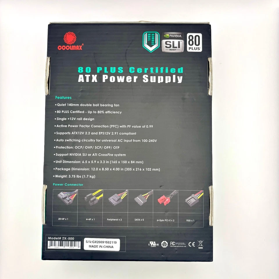 Coolmax ZX-500 500W 80 Plus ATX12V 2.2/EPS12V 2.91 Power Supply NVIDIA SLI Ready - Image 4 of 4