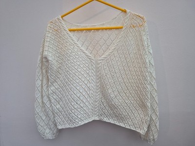 Damen Langarm Baumwolle Pullover Gr. 14, handgestrickt, Lochmuster