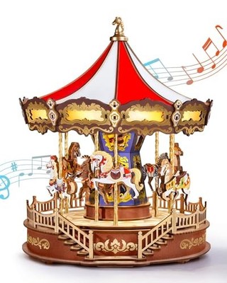 Wooden 3D Puzzles for Adults, DIY Carousel Music Box with Chaser Lights 11.6'' 