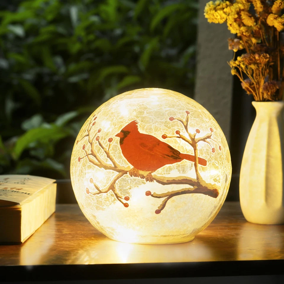 Large Crackle Glass Ball Cardinal Lamp, Light Up Red Cardinal Stained Glass C... - Image 3 of 4