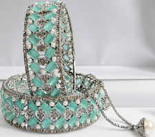 Silver mint green pearl openwork bangle pair with hanging charm