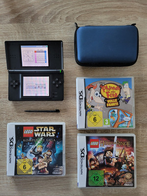 Nintendo DS Lite Spielekonsole in Schwarz + Spiele + Aufbewahrungstasche