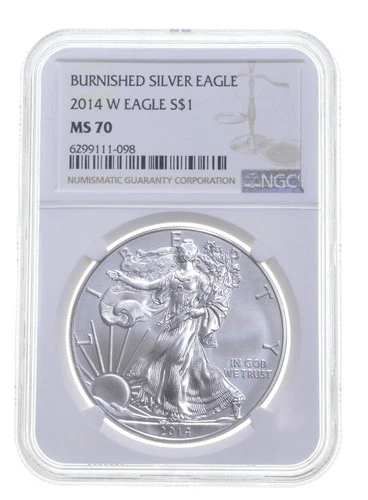 2014-W BURNISHED SILVER EAGLE MS70 NGC CLASSIC BROWN LABEL *7648