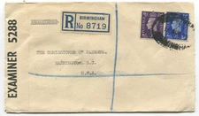 1940 Birmingham Reg. Cover to Washington DC Patent Office, Censor Tape
