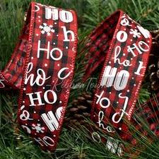CLOSEOUT 10yds Santa Ho Christmas Red Black Buffalo Plaid Wired Ribbon 1.5"W