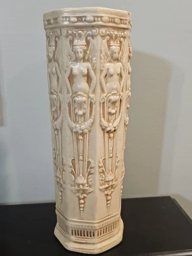 LARGE TALL ANTIQUE ART NOUVEAU WELLER CLINTON IVORY WARE VASE c. 1910, 12"H