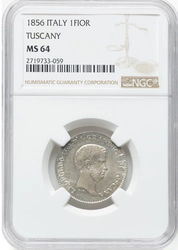 ITALY / ITALIAN STATES  TUSCANY  1856  1 FIORINO SILVER COIN NGC CERTIFIED MS64