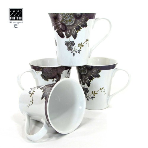 222 Fifth ELIZA - PLUM 10oz Mug Set 4Pc Purple Floral Paisley Porcelain Mint