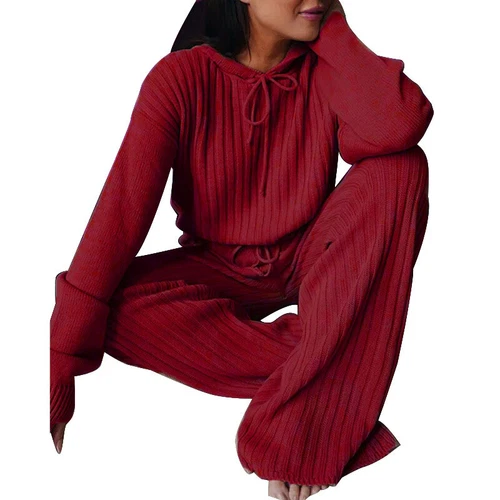 Outfits zweiteiliges Set Freizeitanzug Damenanzug Strickpyjama süß einfarbig mit Kapuze - Bild 6 von 22