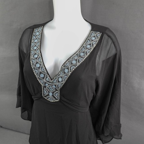 WHBM Mujer Top Pequeño Negro Cuentas Capa Transparente Coqueta Imperio Clásico Oficina - Imagen 3 de 14