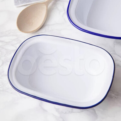 Weiß & Blau Emaille Falke Steak Kuchen Pudding Backen länglich Backofen Geschirrdose