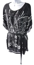 Pink Stage Women's Belted Lightweight Caftan Sleeve Blouse Top, Black & White, M