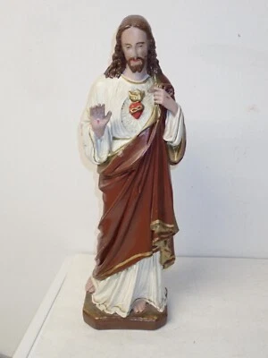Schöne antike Jesusfigur aus Gips gegossen und farbig gefasst - Bild 1 von 4