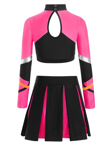 Girls Set Shiny Outfits Uniform Cheer Leader Contrast Color Tops And Miniskirt - Picture 38 of 43