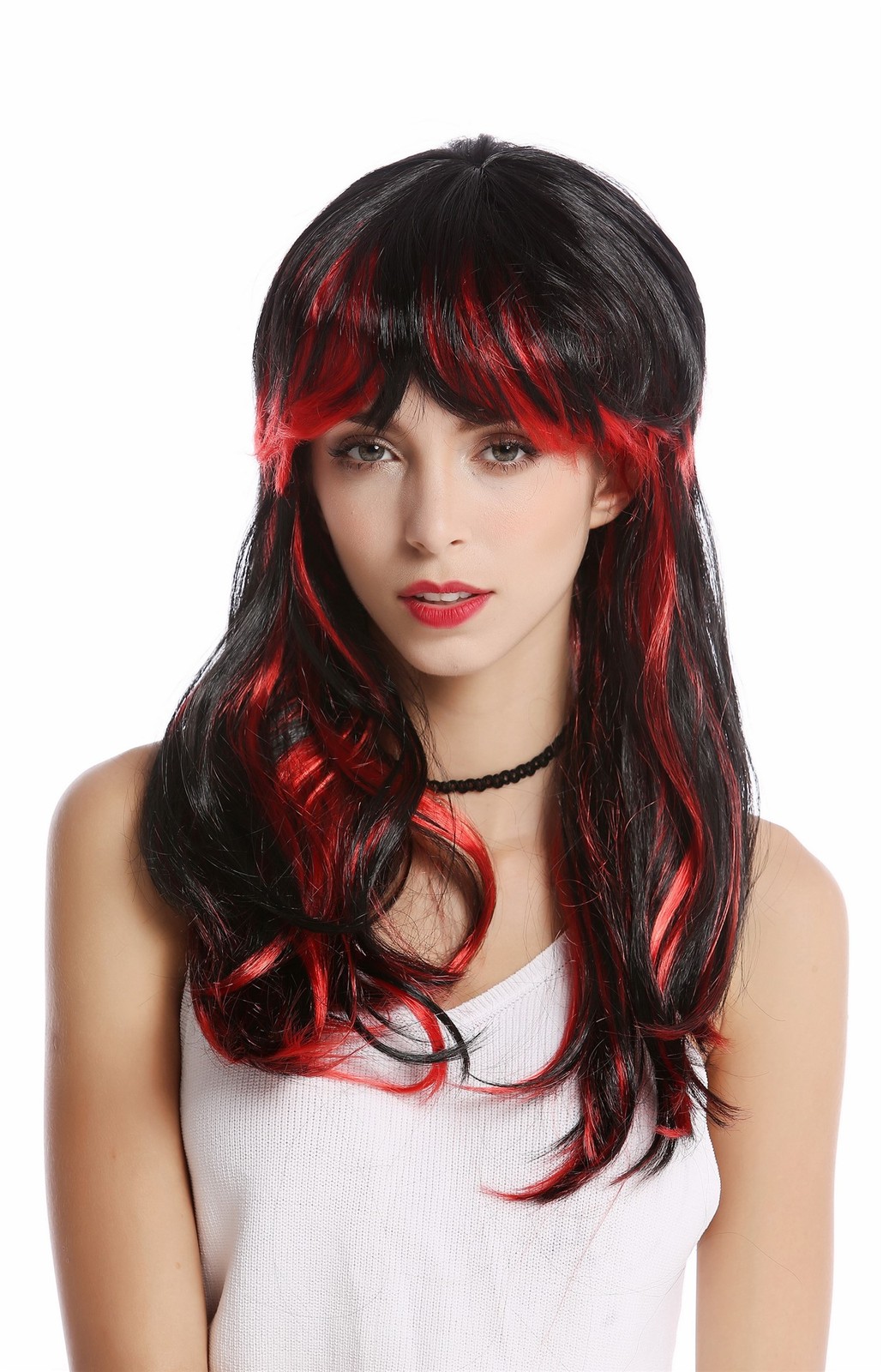 Peluca Mujer Halloween Flequillo Largo Negro Rojo Hebras Sexy Diabla Vampiresa