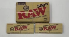 Raw Classic 500 Pack Rolling Papers + 2 Packs Gummed Tips **Free Shipping**