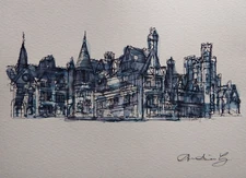 Original Pen & Ink Blue Wash Drawing of Girton College - University of Cambridge