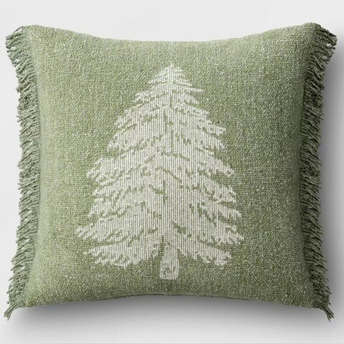 Woven Tree Square Throw Pillow Green Fringe Threshold Christmas Holiday 16x16