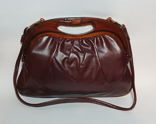 Vintage Kunstleder Burgunderrot Handtasche - Clutch mit Lucite Griff abnehmbarer Riemen