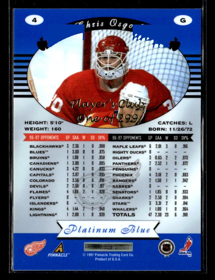 1997-98 Pinnacle Totally Certified #4 Chris Osgood Platinum Blue Player's Club - Image 2 of 2