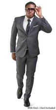 Slim Fit 2 Button Charcoal Gray Micro Textured 3 Piece Vested Mens Suit AZAR MAN