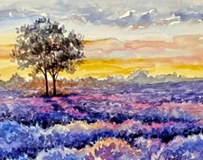 PAINTING WATERCOLOR 8X10 MAT 16X20 LANDSCAPE LAVENDER PURPLE PINK ORIGINAL ART