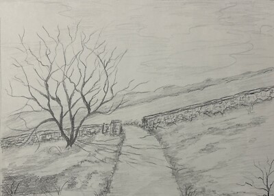 Vintage Original Dorothy Davis Pencil Landscape Country Road Sketch (D. Davis)