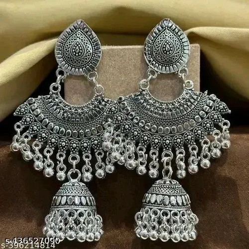 Oxidized Silver Statement Jhumka Earrings with Dome Drops- Ethnic Indian Jhumka - Bild 1 von 3