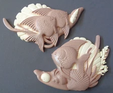 Vintage 1980s Fish Set Plaques by Burwood Cream Dusty Pink Beige Sea Life Shells