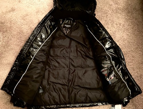 GUESS Men's Holographic Hooded Puffer Jacket Black Large - Picture 6 of 7