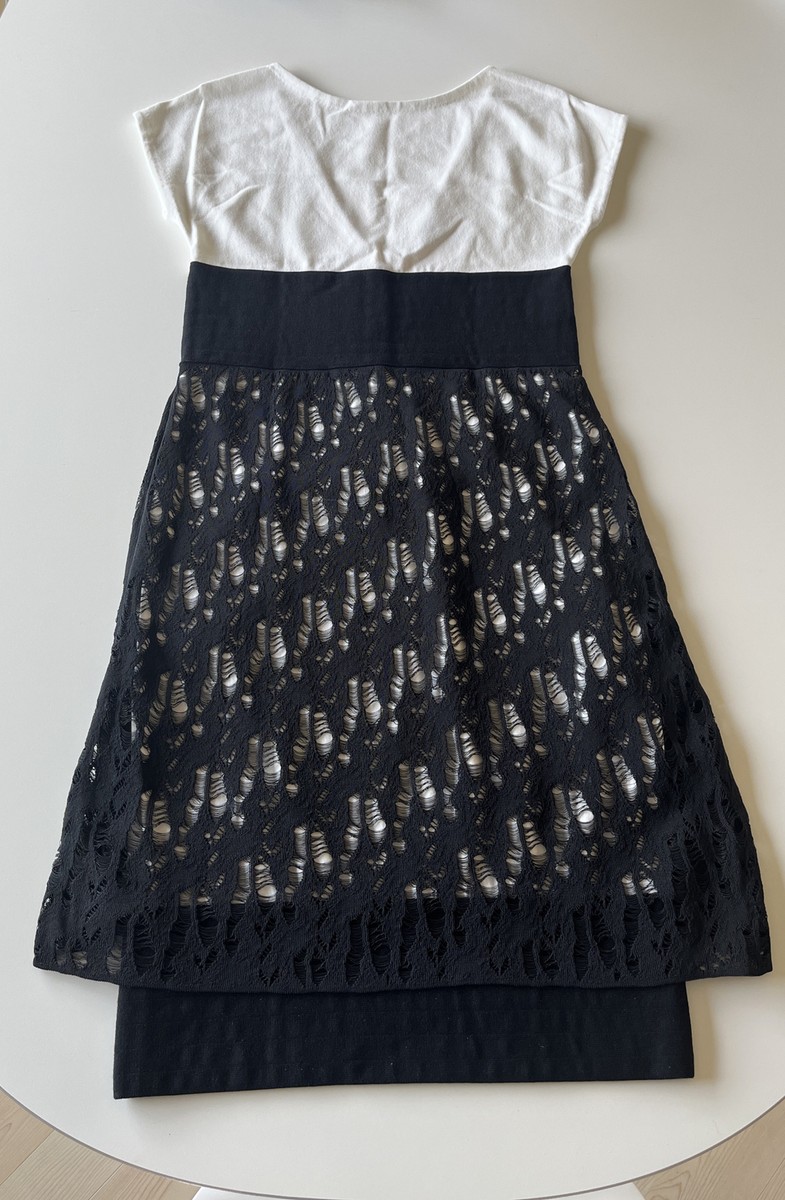 CHANEL 12P WHITE JERSEY MIDI SHEATH DRESS WITH BLACK OPEN KNIT SKIRT 40 CHANEL 12P WHITE JERSEY MIDI SHEATH DRESS WITH BLACK OPEN KNIT SKIRT 40