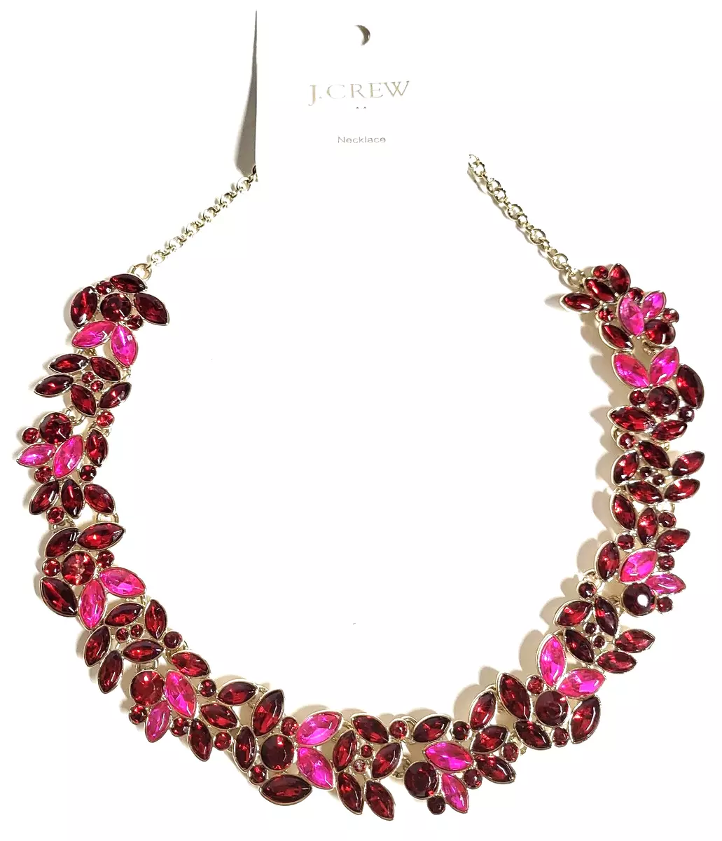 J.Crew Factory Crystal Leaf Statement Necklace Pink Red Multi Gold