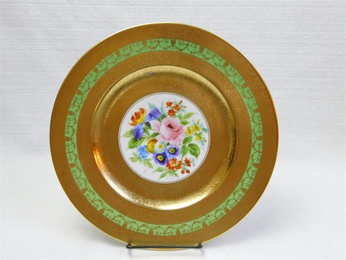 8 Royal China Limoges France HP Green Floral 22k Gold Rims 10.75" Cabinet Plates - Picture 14 of 17