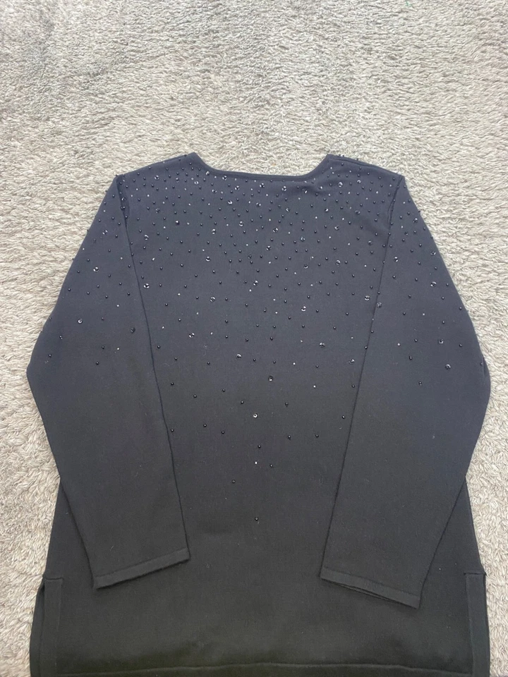 Quacker Factory Sweater Womens Medium Black Beaded Rhinestone Bling Granny Vtg - Image 2 of 4