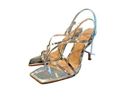 SCHUTZ Bari 4” Stiletto Strappy Sandal In Silver Metallic Leather SIZE 7.5 - Picture 2 of 9