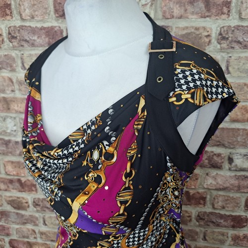 Joseph Ribkoff Dress 10 Purple Black Fitted Knee Length Stretch Buckle Neck - Picture 7 of 12