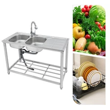 Double Bowl Kitchen Sink Stainless Steel Sink+Pull-out Faucet 120*50*80cm