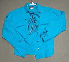 Vintage Rough Rider Womens Medium Turquoise Shirt Embroidered Feathers USA Made