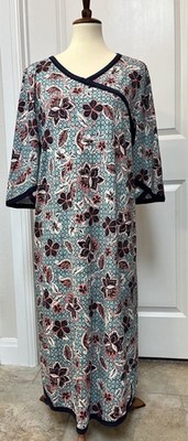 Garnet Hill Asian Wrap Blue Floral Maxi Nightgown 100% Organic Green Cotton New