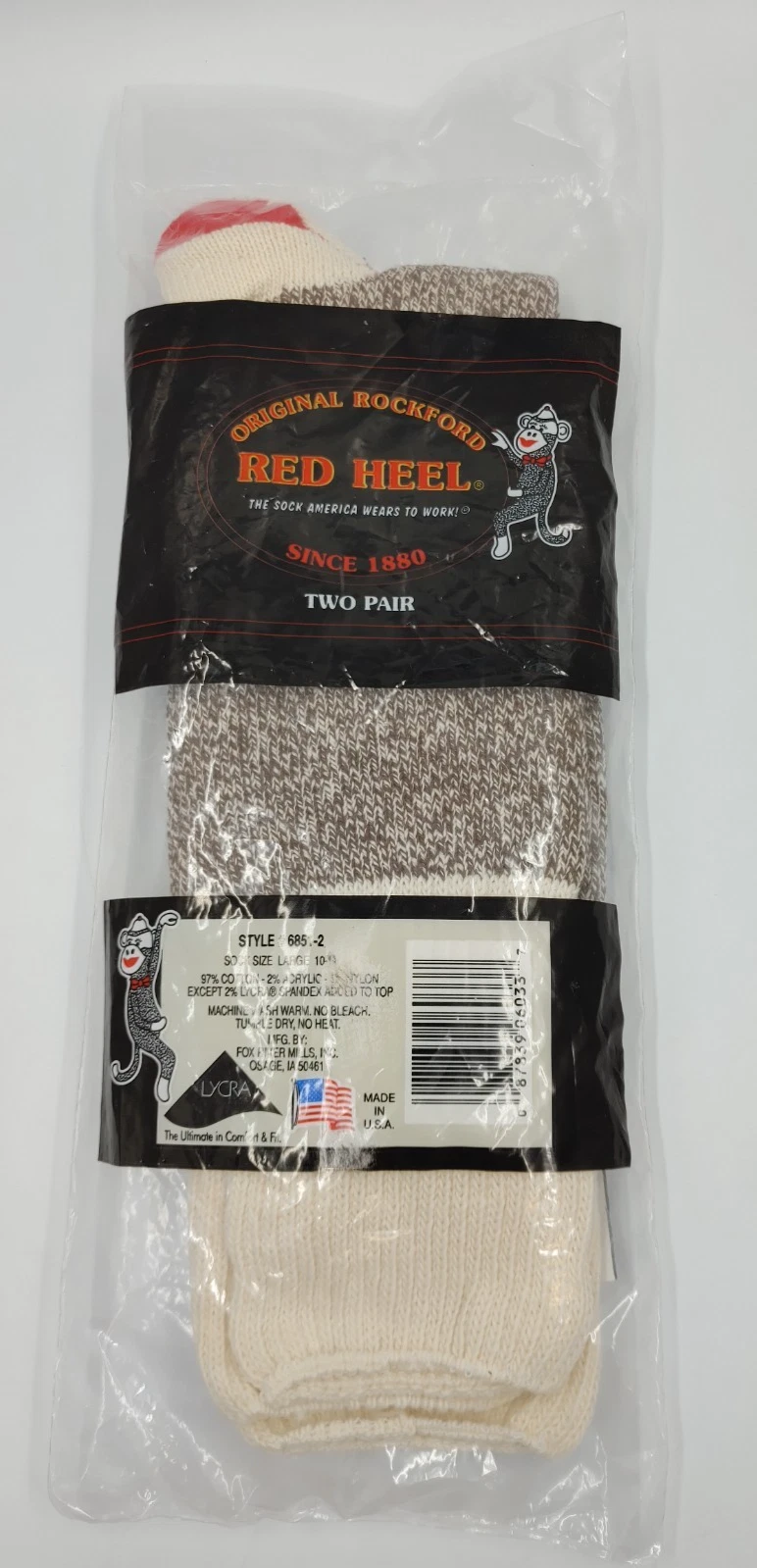 NEW Original Rockford Red Heel Monkey Socks 2 Pair Size Large 10-11 #6851-2 USA