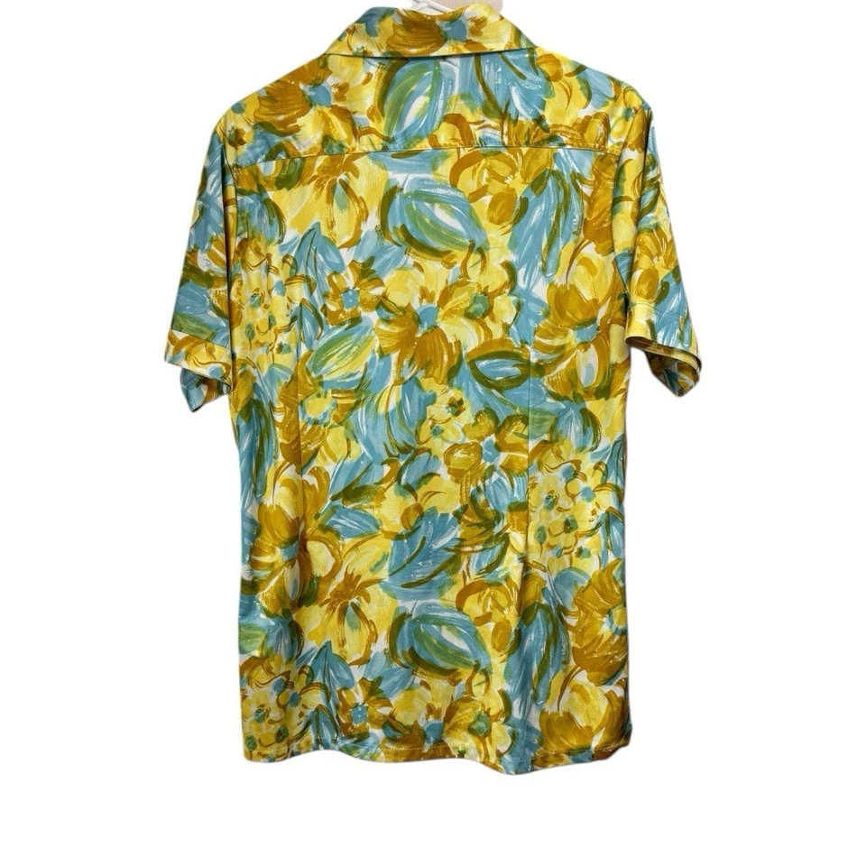 Camisa vintage años 60 70 talla mediana para hombre cuello daga amarillo azul floral discoteca Foto 2 de 4