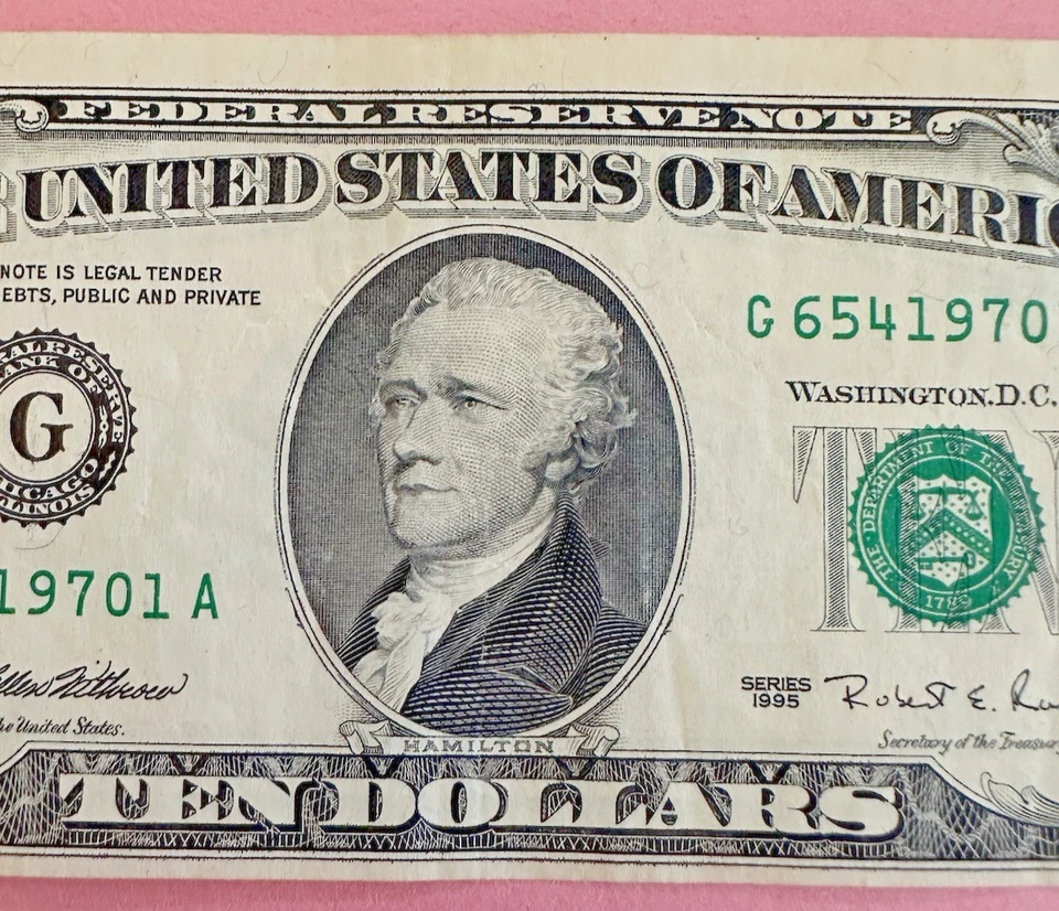 Billete de diez dólares 1995 G65419701A desalineado nítido desplegado Chicago BUENO Foto 4 de 4