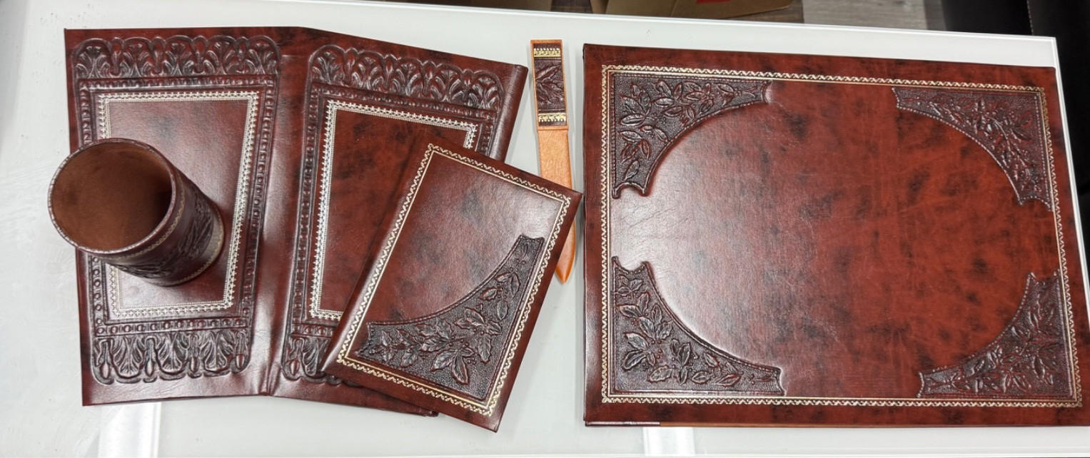 Vintage Beautiful Italian Leather Desk Set - Large Portfolio - Trash Bin NEW