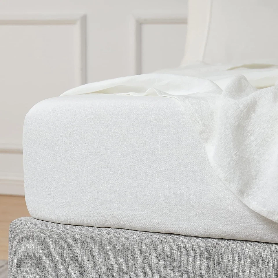 Sábana bajera de lino Queen 100 % lino francés 16 pulgadas bolsillo profundo blanco roto Foto 2 de 4