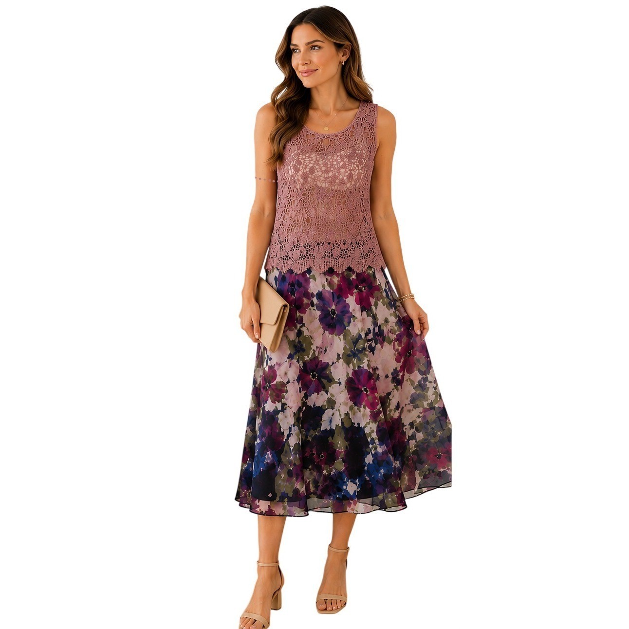 Coldwater Creek Floral A Line Skirt M Pink Purple Blue Sheer Overlay Feminine