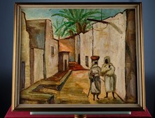 Vintage Atmospheric Oriental Painting Painting Oil on Cardboard - Mid 20th century