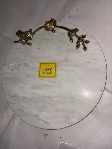 Marble White 16" Lazy Susan 15lb With Golden Bird On Branch New - Picture 4 of 12