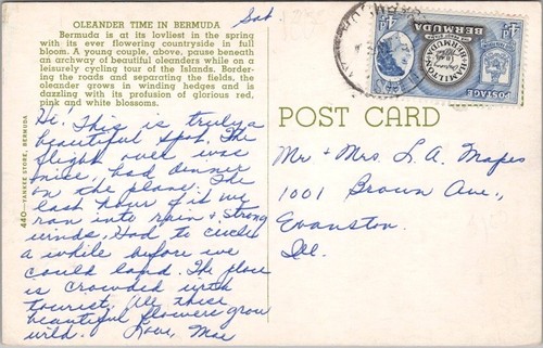 Vintage 1950s BERMUDA Postcard "Oleander Time" Boy & Girl Bicycles / QEII Stamp - Picture 2 of 2