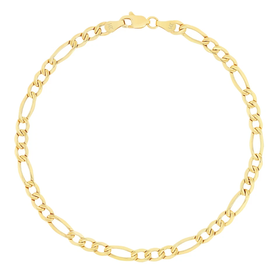 Pulseira ou tornozeleira masculina feminina ouro amarelo 14K 3,5 mm corrente italiana Figaro 9"
